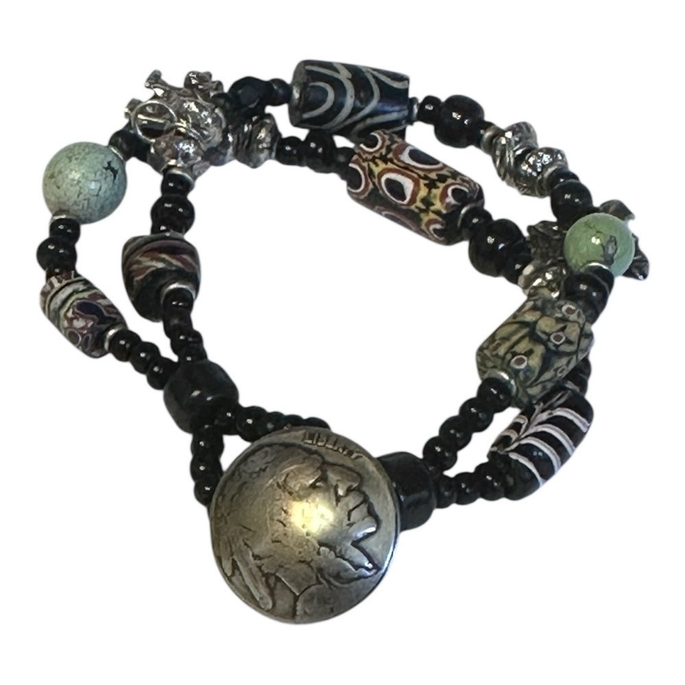 Boutique Charm Bracelet Beaded 5 Cent Button Black & Silver Eclectic